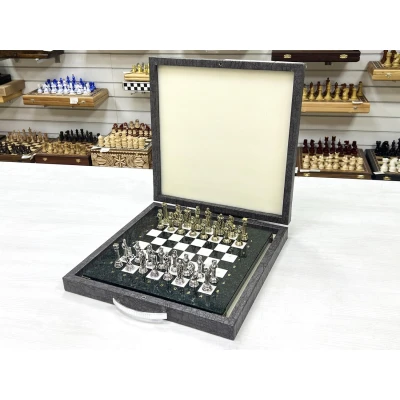 Шахматы каменные Афина мрамор/змеевик 32х32