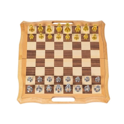 Шахматы деревянные подарочные с ручкой и ячейками, фигуры металл