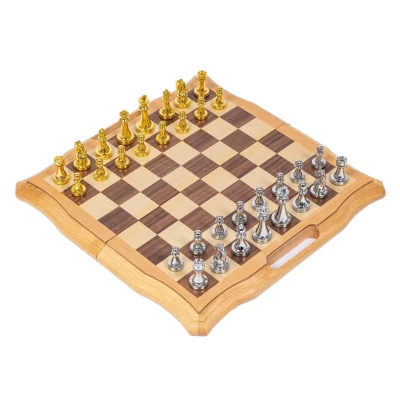 Шахматы деревянные подарочные с ручкой и ячейками, фигуры металл