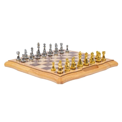 Шахматы деревянные подарочные с ручкой и ячейками, фигуры металл