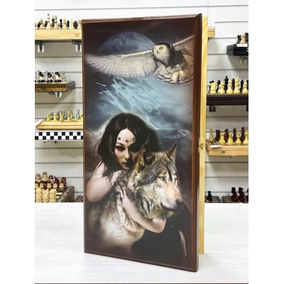 Нарды деревянные подарочные с цветным рисунком Девушка и волк средние 50 см