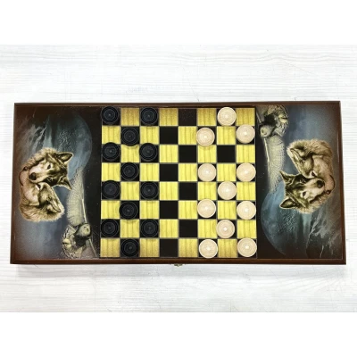 Нарды деревянные подарочные с цветным рисунком Девушка и волк средние 50 см