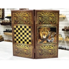 Нарды шашки подарочные деревянные с рисунком Львы средние 50 на 50 см