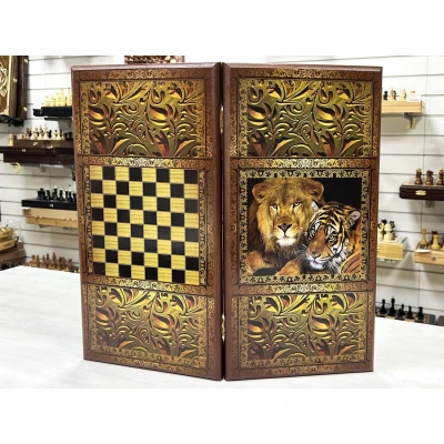 Нарды шашки подарочные деревянные с рисунком Львы средние 50 на 50 см