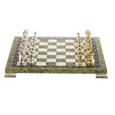 Шахматы из камня "Стаунтон" доска 40х40 см змеевик мрамор фигуры металл / Шахматы настольные / Набор шахмат / Шахматы сувенирные