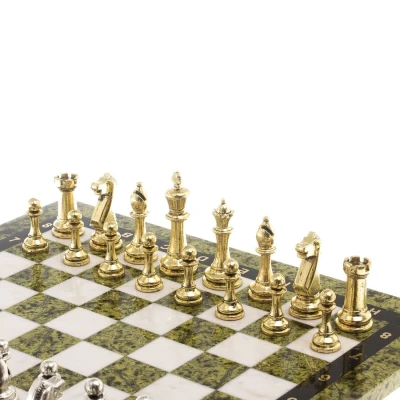 Шахматы из камня "Стаунтон" доска 40х40 см змеевик мрамор фигуры металл / Шахматы настольные / Набор шахмат / Шахматы сувенирные