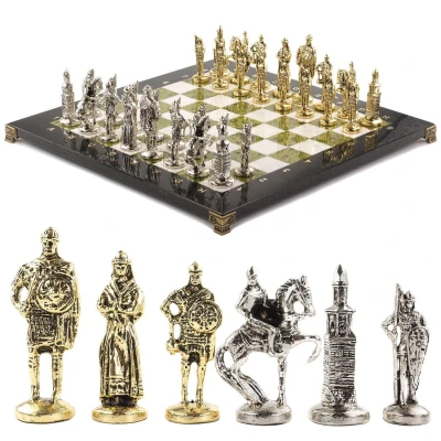 Шахматы из камня с металлическими фигурами "Русь" доска 40х40 см мрамор и змеевик 120699
