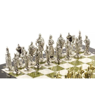 Шахматы из камня с металлическими фигурами "Русь" доска 40х40 см мрамор и змеевик 120699