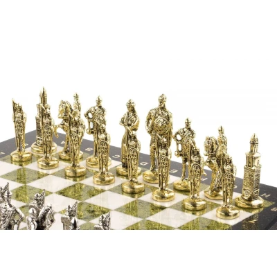 Шахматы из камня с металлическими фигурами "Русь" доска 40х40 см мрамор и змеевик 120699