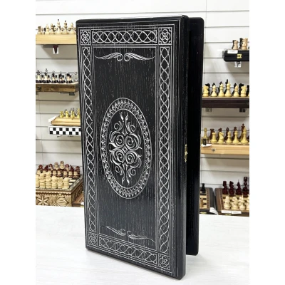 Нарды из массива Орнамент ясень черные