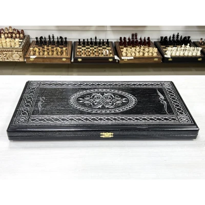 Нарды из массива Орнамент ясень черные