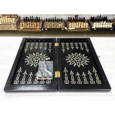 Нарды из массива Орнамент ясень черные