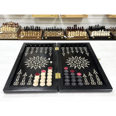 Нарды из массива Орнамент ясень черные