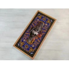 Нарды деревянные подарочные с цветным рисунком и полем для шашек Волк средние 50 см