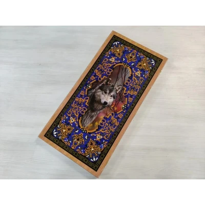 Нарды деревянные подарочные с цветным рисунком и полем для шашек Волк средние 50 см