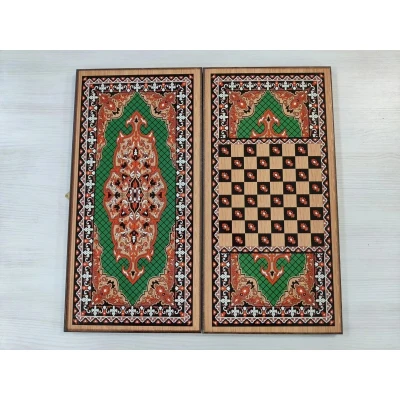 Нарды деревянные подарочные с цветным рисунком и полем для шашек Зеленый узор средние 50 см