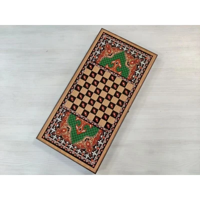 Нарды деревянные подарочные с цветным рисунком и полем для шашек Зеленый узор средние 50 см