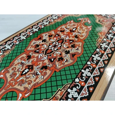 Нарды деревянные подарочные с цветным рисунком и полем для шашек Зеленый узор средние 50 см