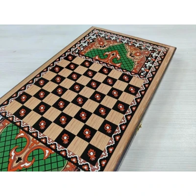 Нарды деревянные подарочные с цветным рисунком и полем для шашек Зеленый узор средние 50 см