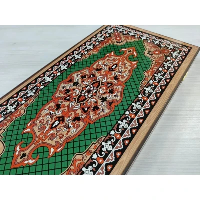 Нарды деревянные подарочные с цветным рисунком и полем для шашек Зеленый узор средние 50 см