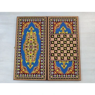 Нарды деревянные подарочные с цветным рисунком Синий узор средние 50 см