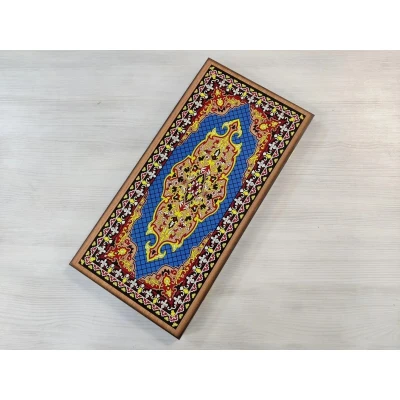 Нарды деревянные подарочные с цветным рисунком Синий узор средние 50 см