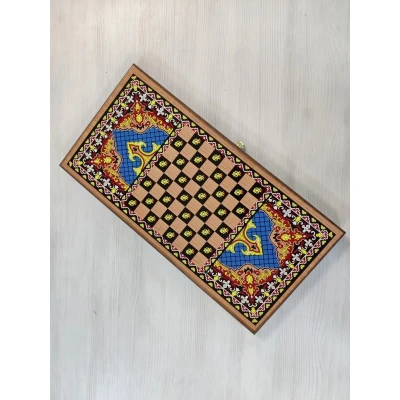 Нарды деревянные подарочные с цветным рисунком Синий узор средние 50 см