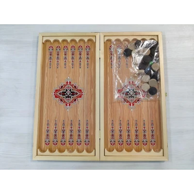 Нарды деревянные подарочные с цветным рисунком Синий узор средние 50 см