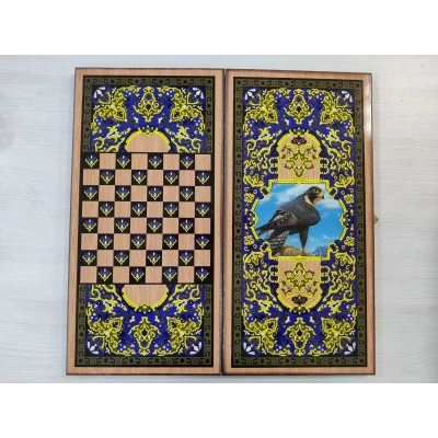 Нарды деревянные подарочные с цветным рисунком и полем для шашек Сокол средние 50 см