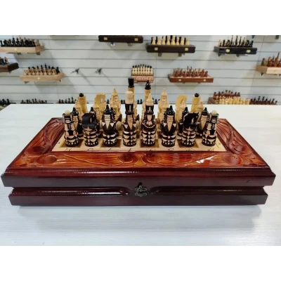 Шахматы подарочные ручной работы Львы большие с нардами и шашками