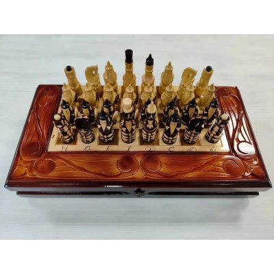 Шахматы подарочные ручной работы Львы большие с нардами и шашками