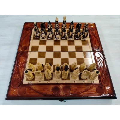 Шахматы подарочные ручной работы Львы большие с нардами и шашками