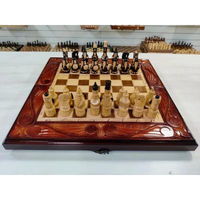 Шахматы подарочные ручной работы Львы большие с нардами и шашками