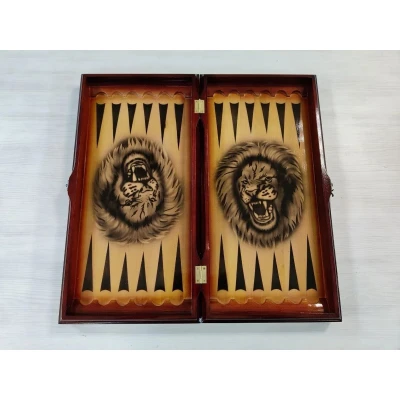 Шахматы подарочные ручной работы Львы большие с нардами и шашками