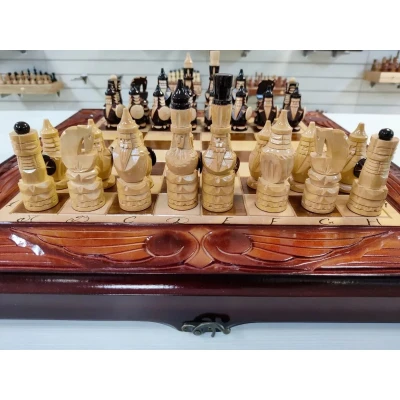 Шахматы подарочные ручной работы Львы большие с нардами и шашками