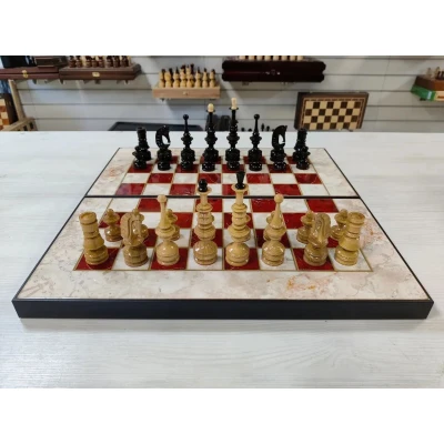 Шахматы подарочные Презент под красный мрамор 3 в 1