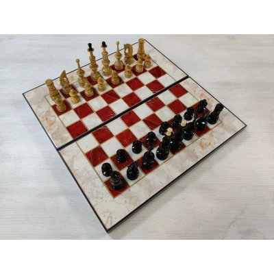 Шахматы подарочные Презент под красный мрамор 3 в 1