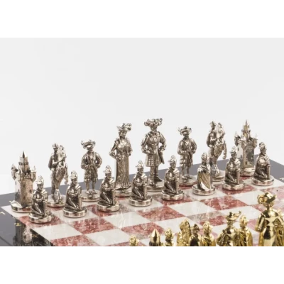 Шахматы подарочные Средневековье лемезит, мрамор, змеевик 44 на 44 см