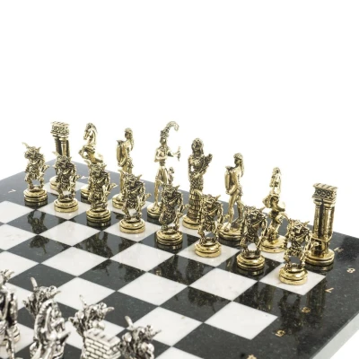 Шахматы металлические с каменными поле Минотавр змеевик мрамор 36 см