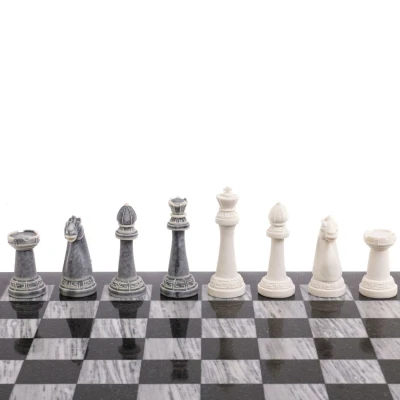 Шахматы "Стаунтон" из мрамолита 44х44 см серый мрамор / змеевик