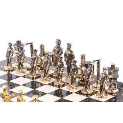 Шахматы подарочные Железнодорожники бронза 40 см мрамор змеевик
