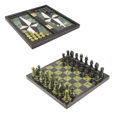 Шахматы, шашки, нарды 3 в 1 змеевик мрамор 440х440 мм