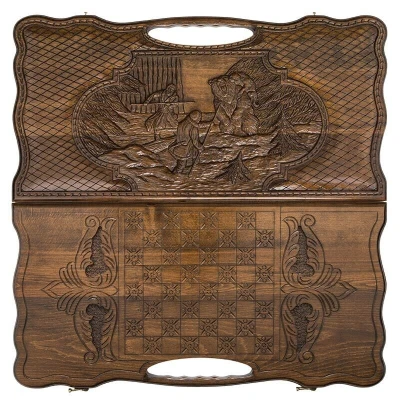 Нарды резные Охота на медведя с ручкой большие, Haleyan