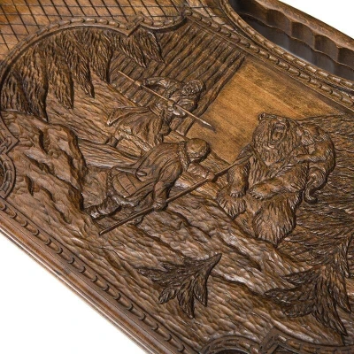 Нарды резные Охота на медведя с ручкой большие, Haleyan