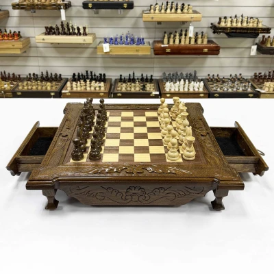 Шахматы в ларце с выдвижными ящиками из массива бука Султан