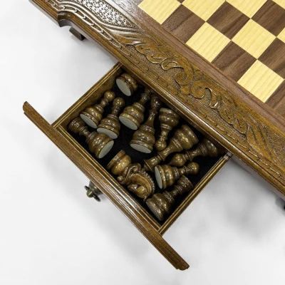 Шахматы в ларце с выдвижными ящиками из массива бука Султан