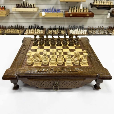 Шахматы в ларце с выдвижными ящиками из массива бука Султан