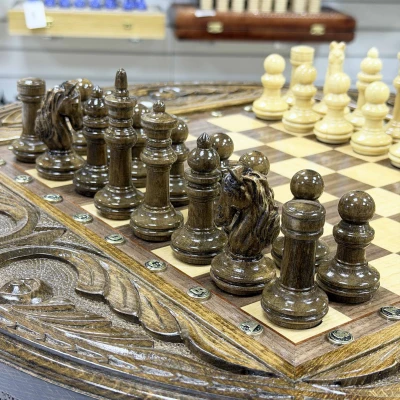 Шахматы деревянные с выдвижным ящиком резные Круг люкс