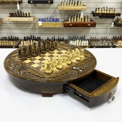 Шахматы деревянные с выдвижным ящиком резные Круг люкс