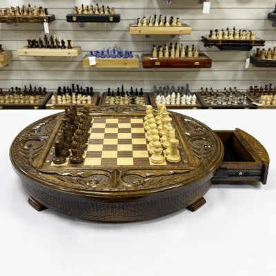 Шахматы деревянные с выдвижным ящиком резные Круг люкс